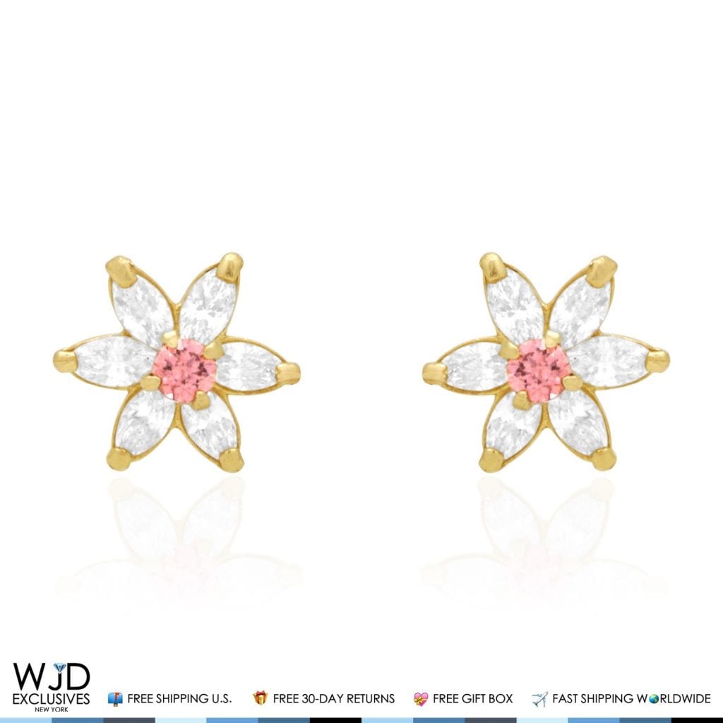 14k Solid Yellow Gold Marquise Diamond And Alexandrite Flower Screwback ...