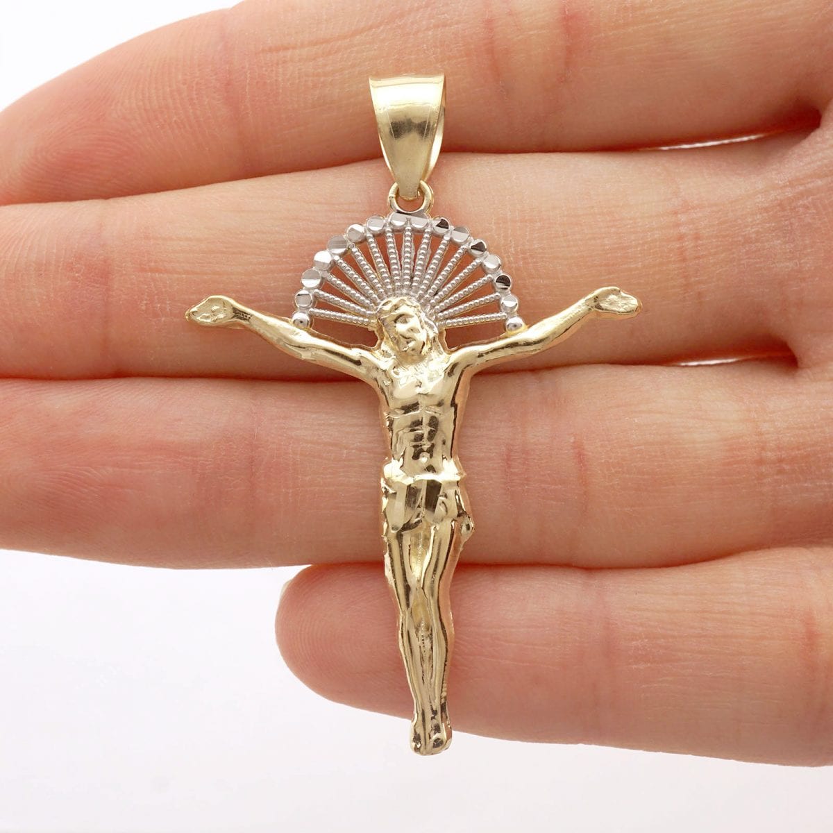 Details about   10k Solid Yellow & White Gold Diamond Cut Jesus With Halo Crucifix Pendant 