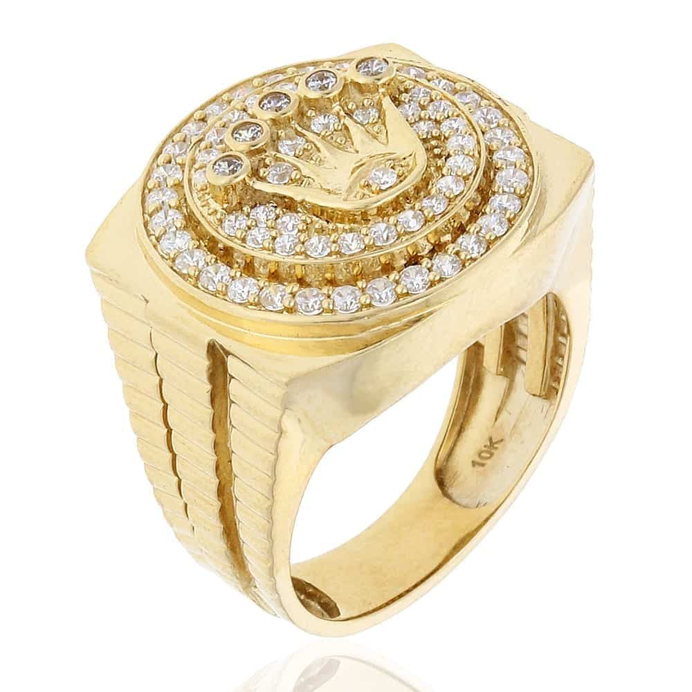 10k Yellow Gold 1.50Ct Simulated Diamond Crown Signet Ring | WJD Exclusives