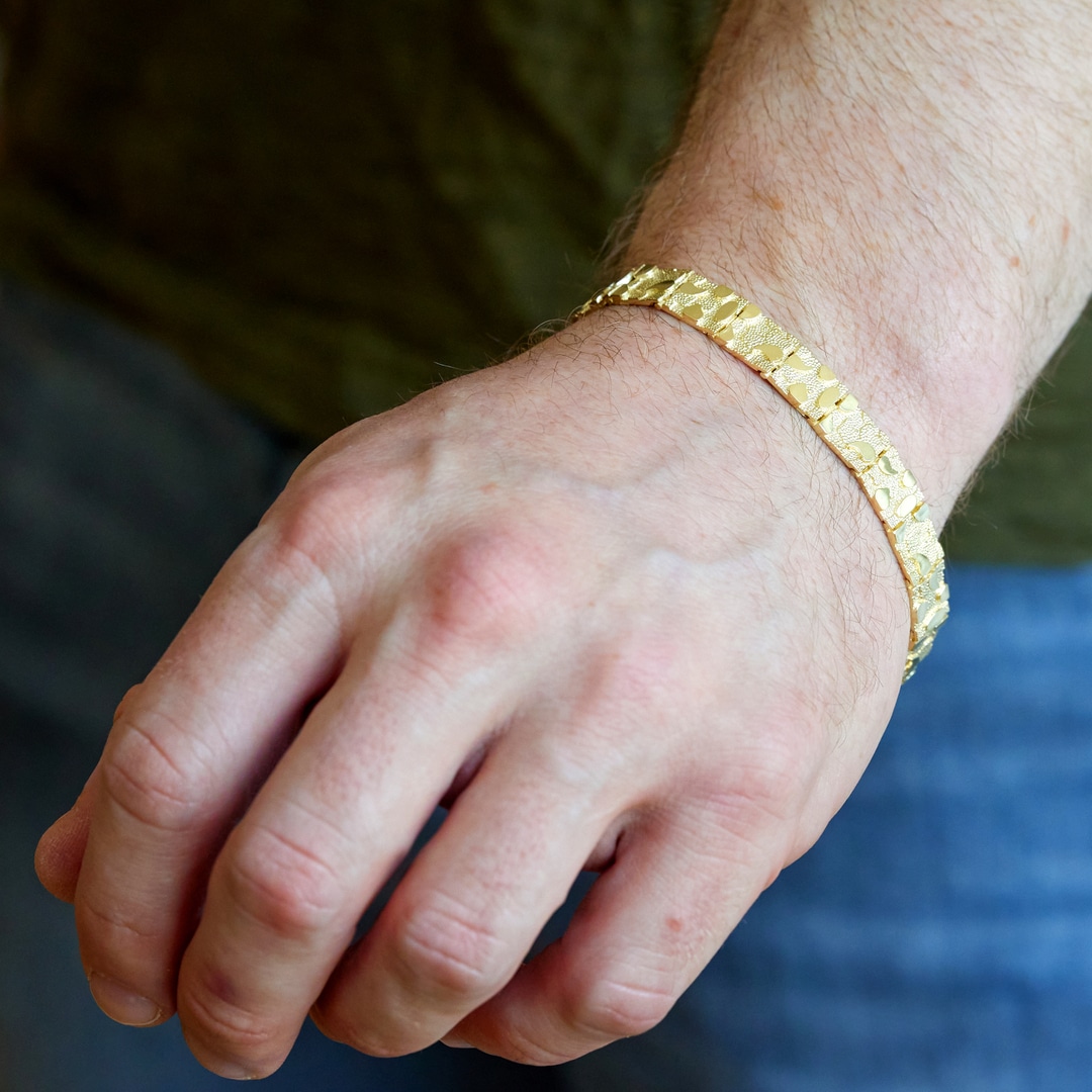 Mens Solid 10K Yellow Gold Nugget Bracelet in Yellow, White or