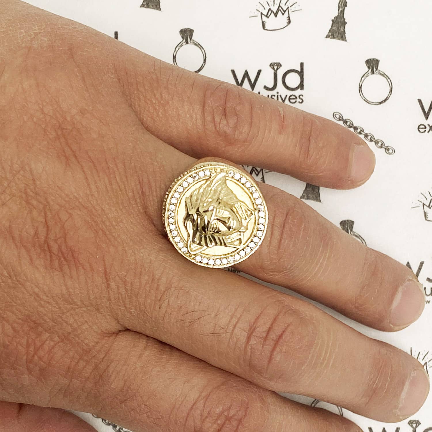 K Yellow Gold Simulated Diamond Medusa Head Greek Key Signet Ring Wjd Exclusives