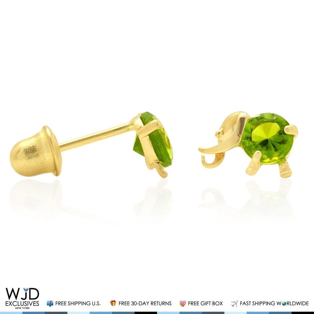 Oval Cut Peridot Turtle 14K Solid Yellow Gold Baby Screwback Kids Stud Earrings 