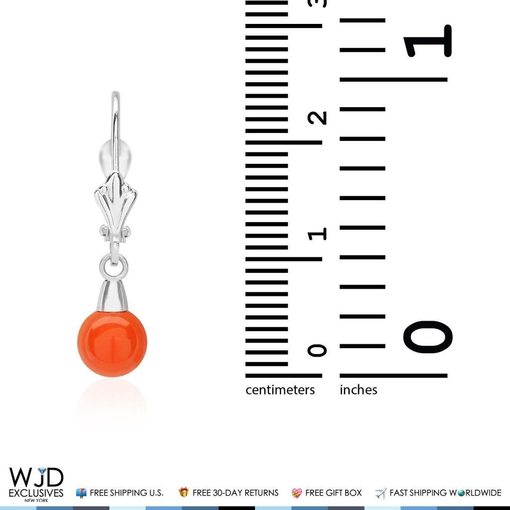 6 mm Ball Shaped Orange Coral Leverback Dangle Earrings 14K Solid White Gold 1