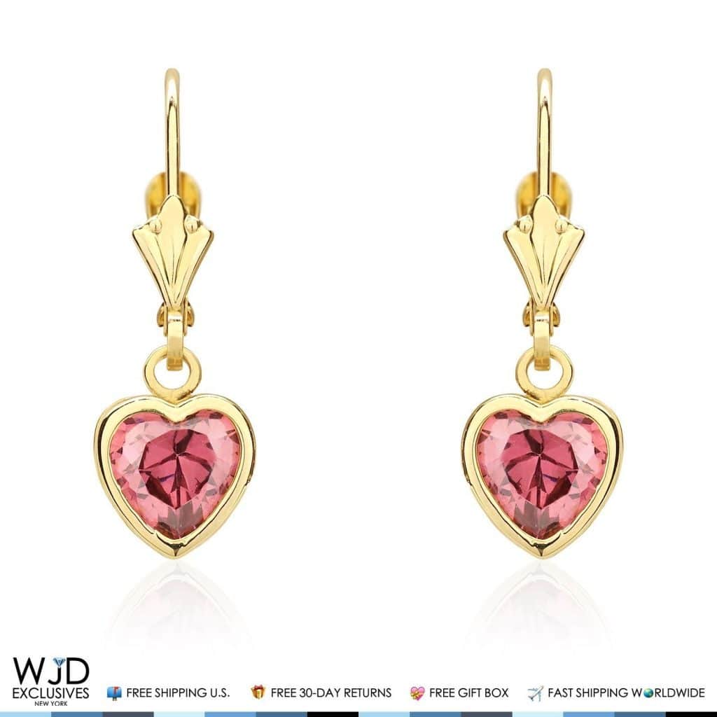 14K Yellow Gold Bezel Set Pink Tourmaline Heart Leverback Dangle Earrings 6mm