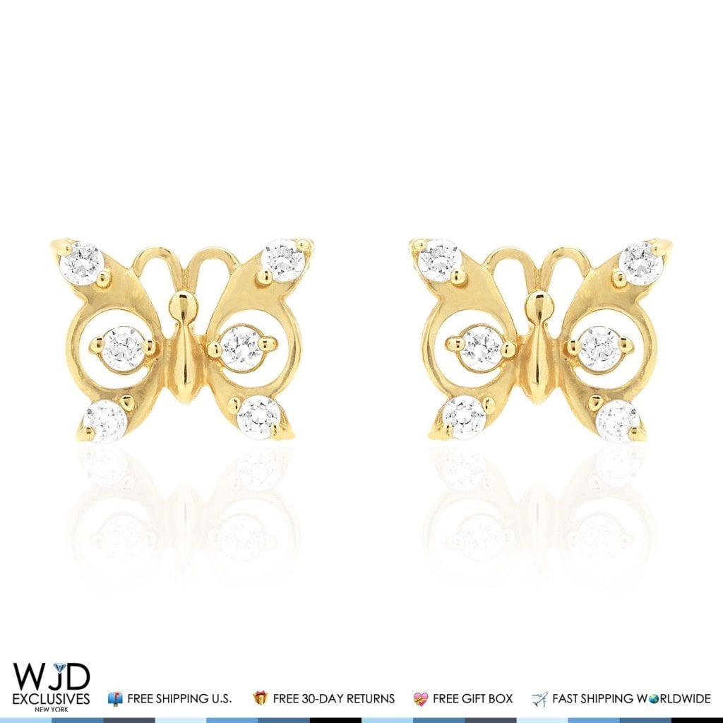 Details about   14K Yellow Gold White Zircon & Aquamarine Butterfly Screwback Stud Kid Earrings 