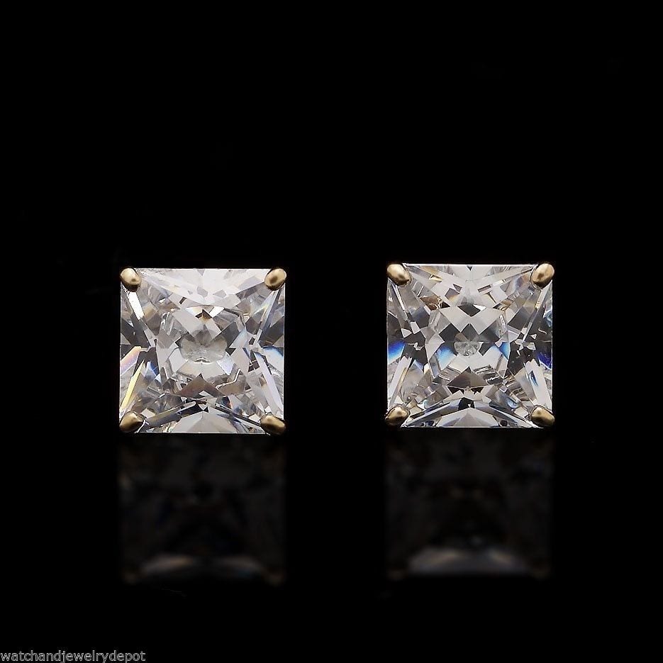 2Ct Simulated Diamond Princess Cut 14K Solid Yellow Gold Stud Earrings ...