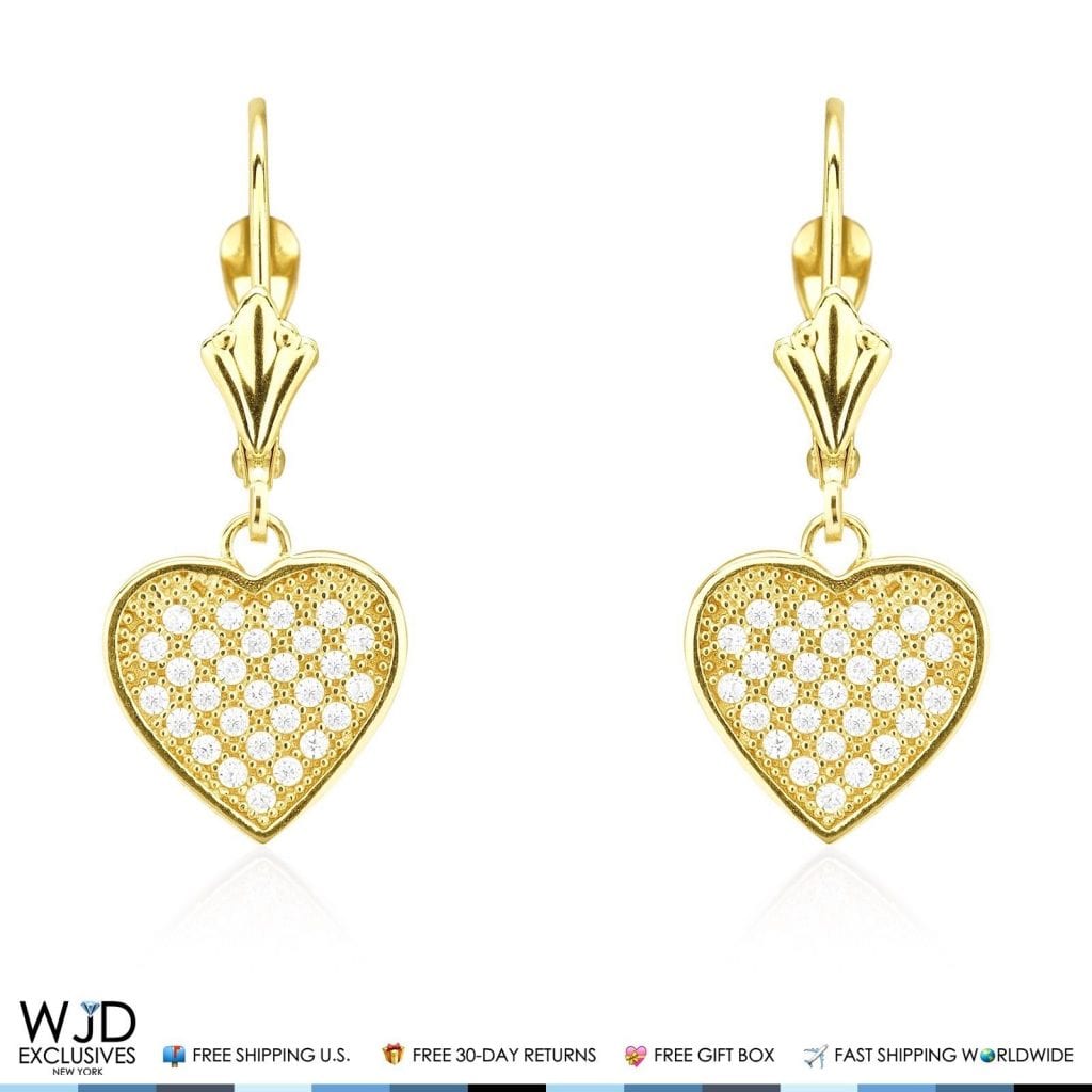2Ct Created Diamond Pave Set 14K Yellow Gold Heart Dangle Leverback Earrings